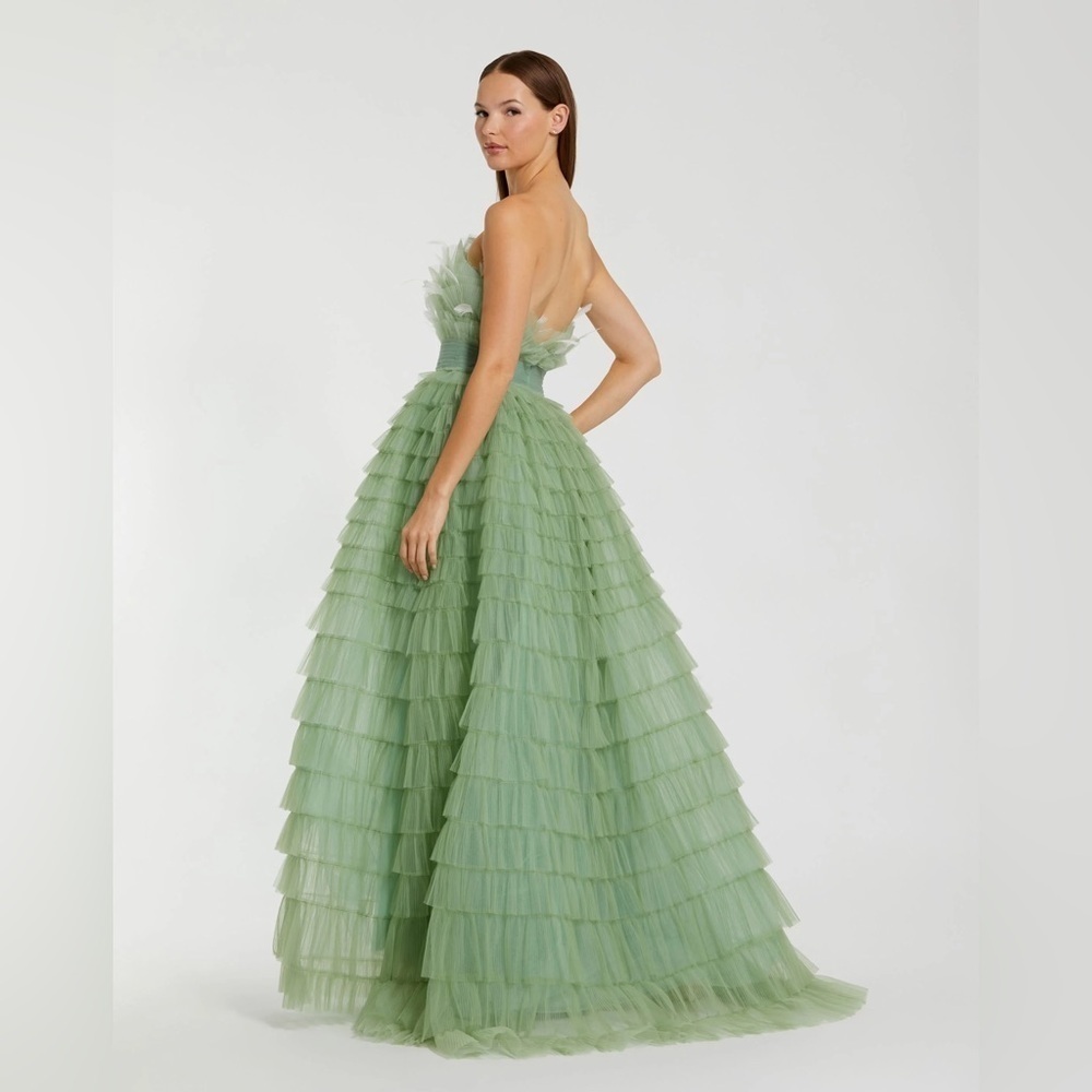 Mac Duggal 20530 NWT Strapless Ruffle Gown with Feathers in Sage - Picture 2 of 12